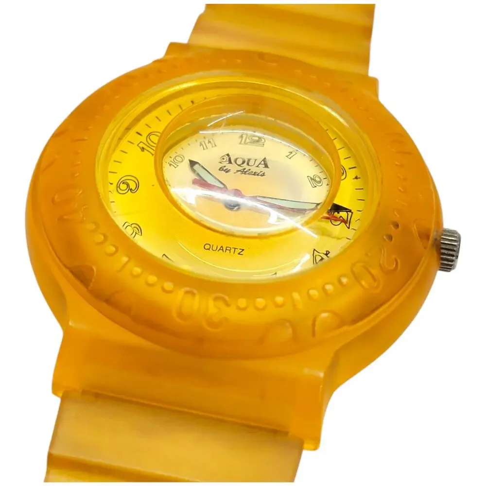 Vintage Y2K Aqua By Alexis Yellow Translucent Jelly Watch Bubble Dial Surf READ